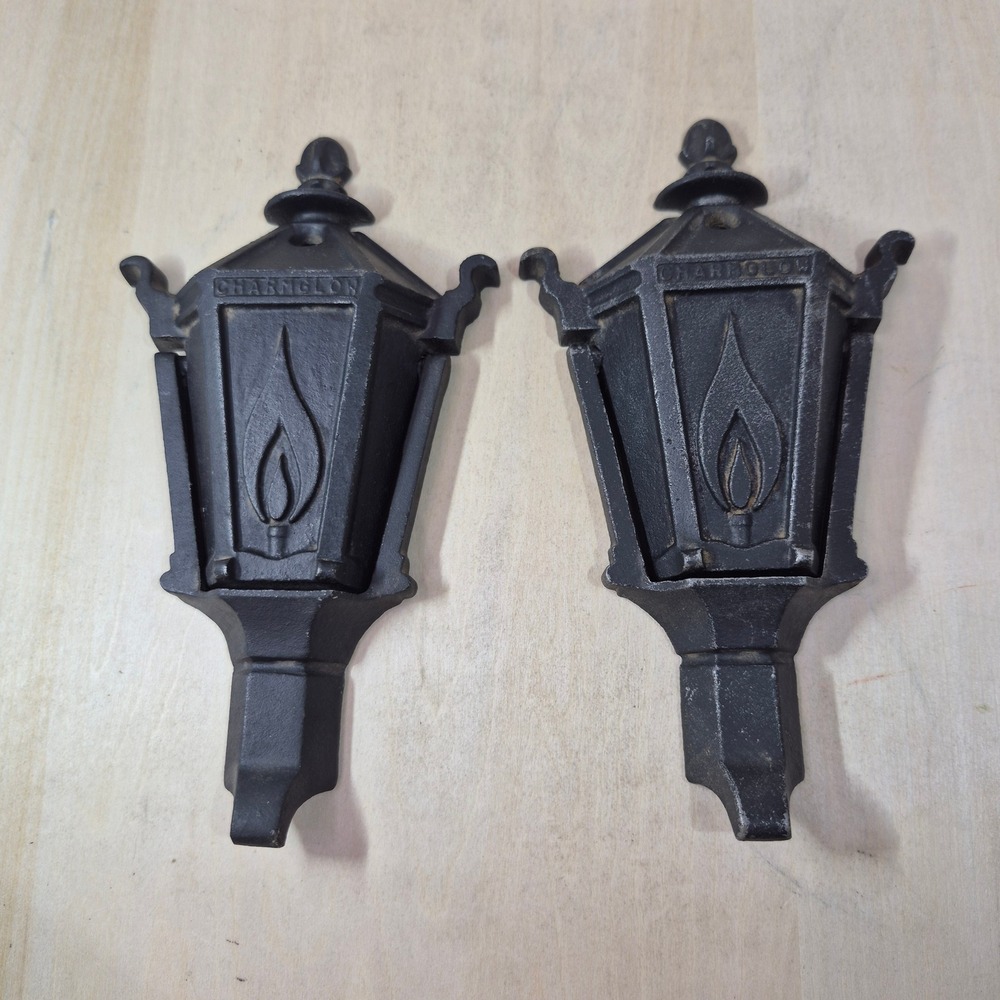 Vintage Charmglow Cast Iron Gas Grill Lantern Covers Set of 2 Black Flame Logo